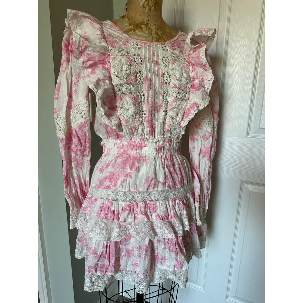 Love shack fancy Santorini dress pink white Sz m ruffled lace bell sleeve short